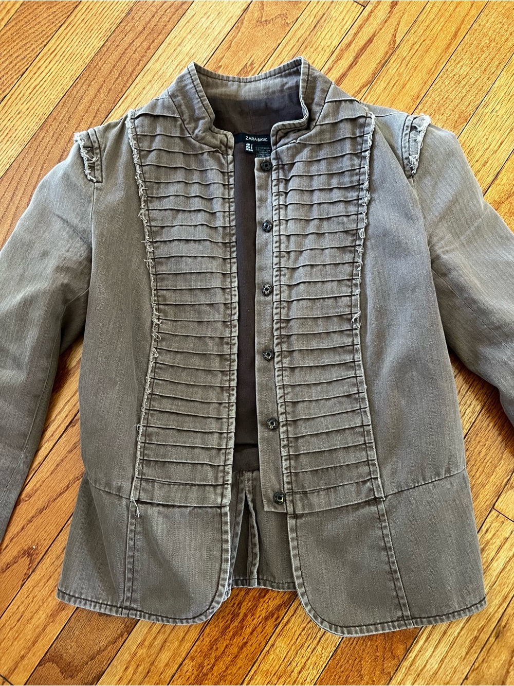 Zara Olive-Grey Ruffled Pintuck Blazer Jacket